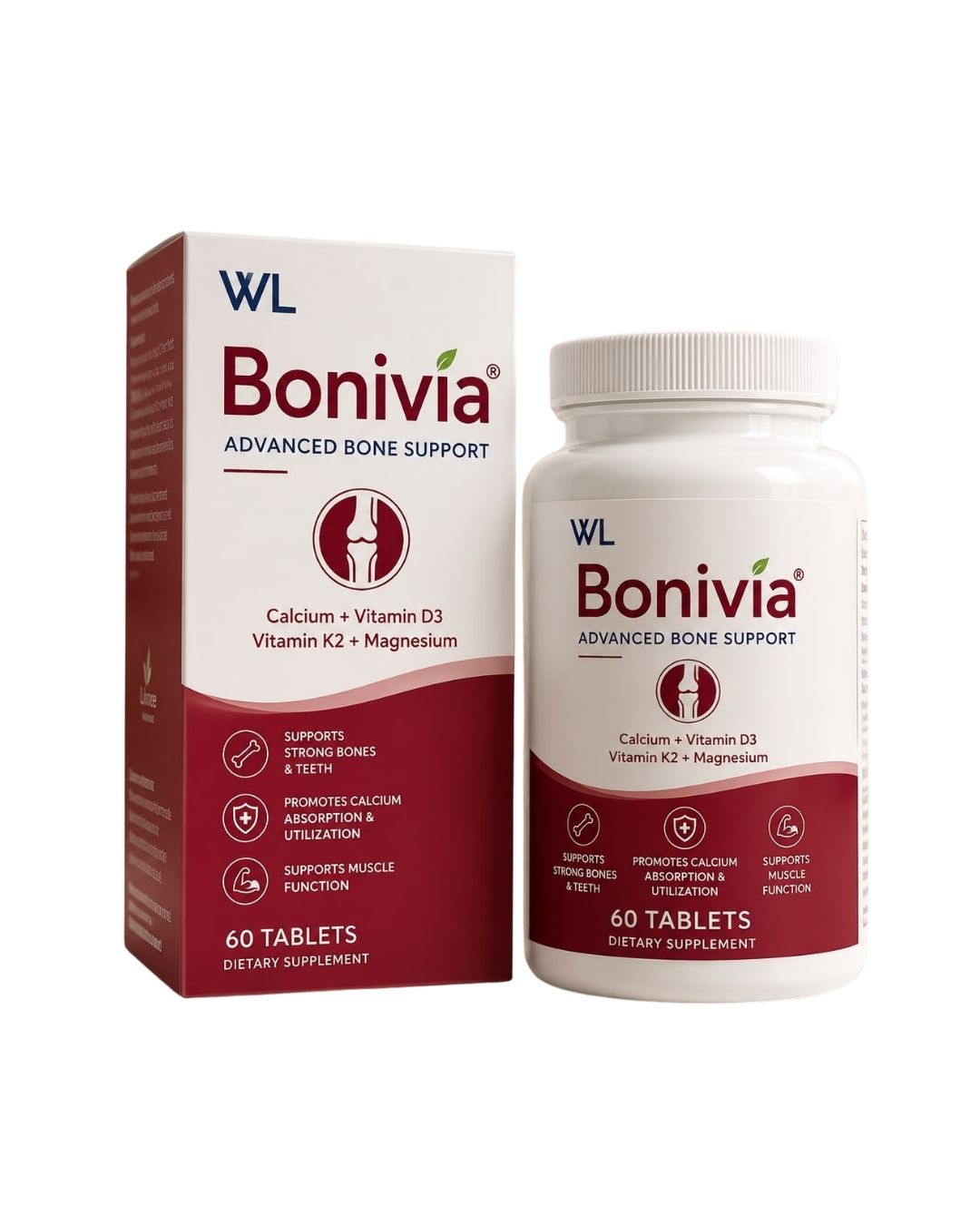 Bonivia Advanced Bone Support box and bottle containing 60 tablets with calcium, vitamin D3, vitamin K2 and magnesium
