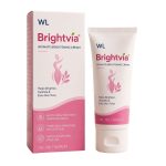 Brightvia Intimate Brightening Cream box and 30 mL tube in white and pink packaging