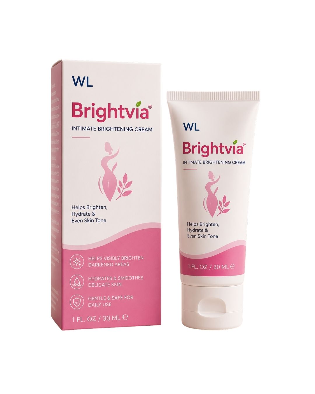 Brightvia Intimate Brightening Cream box and 30 mL tube in white and pink packaging