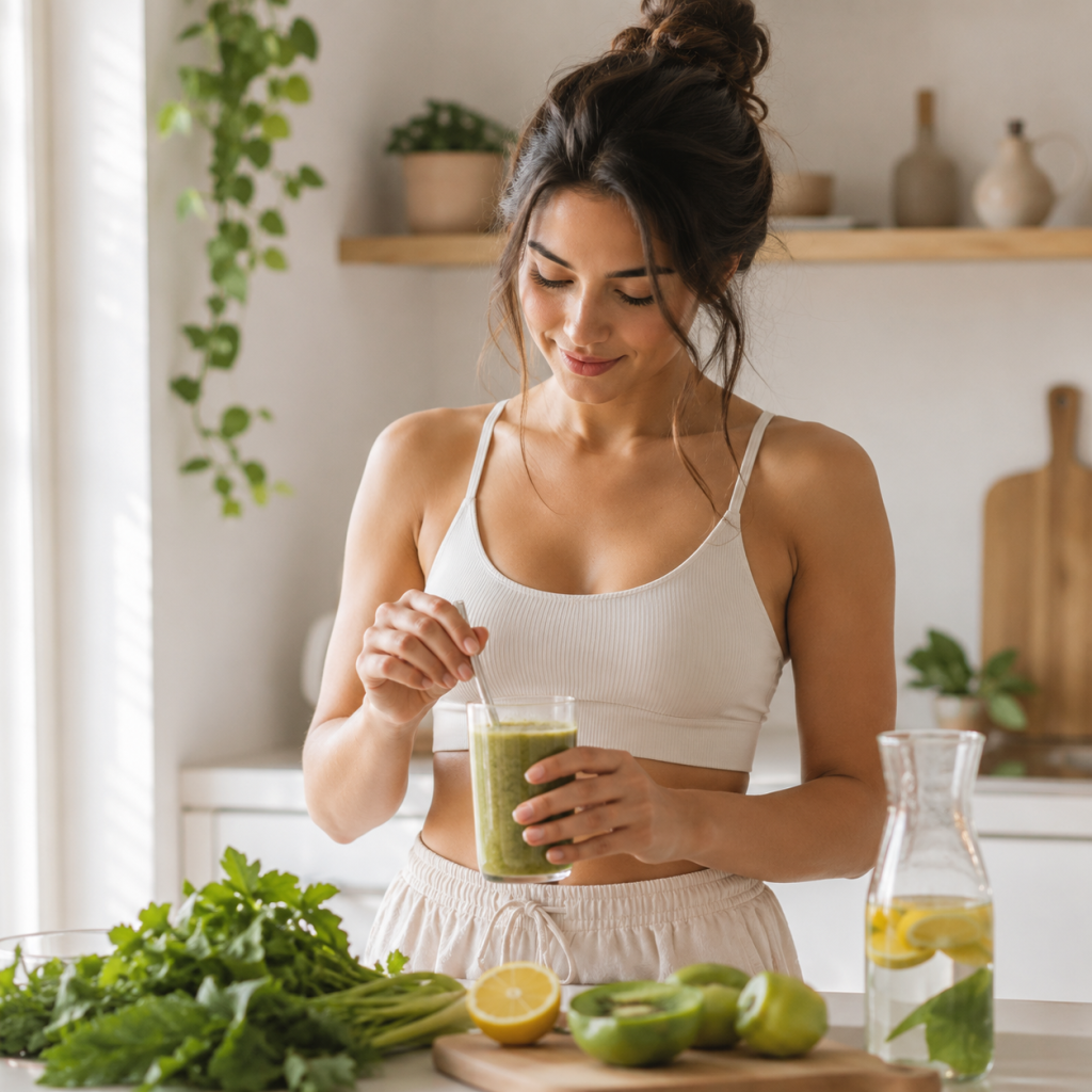 Woman preparing a green smoothie with fresh vegetables, fruit, and lemon water in a bright kitchen