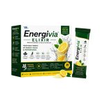 Energivia Elixir box and lemon-flavored stick pack with guarana, ginseng, vitamins B6, B12 and C