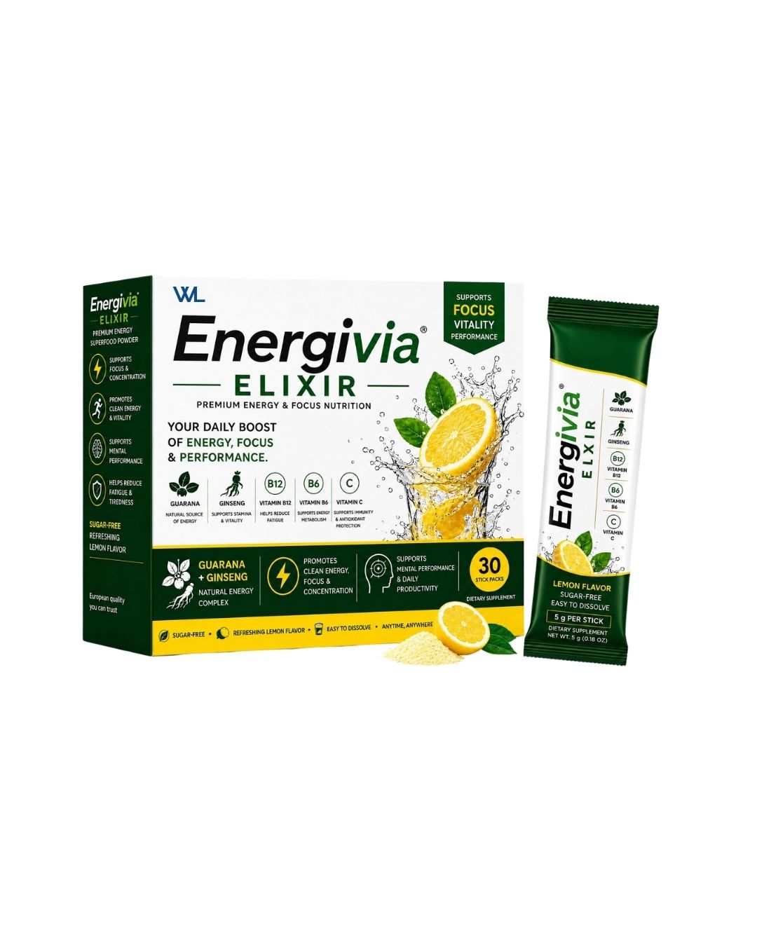 Energivia Elixir box and lemon-flavored stick pack with guarana, ginseng, vitamins B6, B12 and C