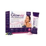 Glowvia Collagen Elixir box and blueberry-flavored stick pack with 9,000 mg collagen, biotin, hyaluronic acid and vitamins