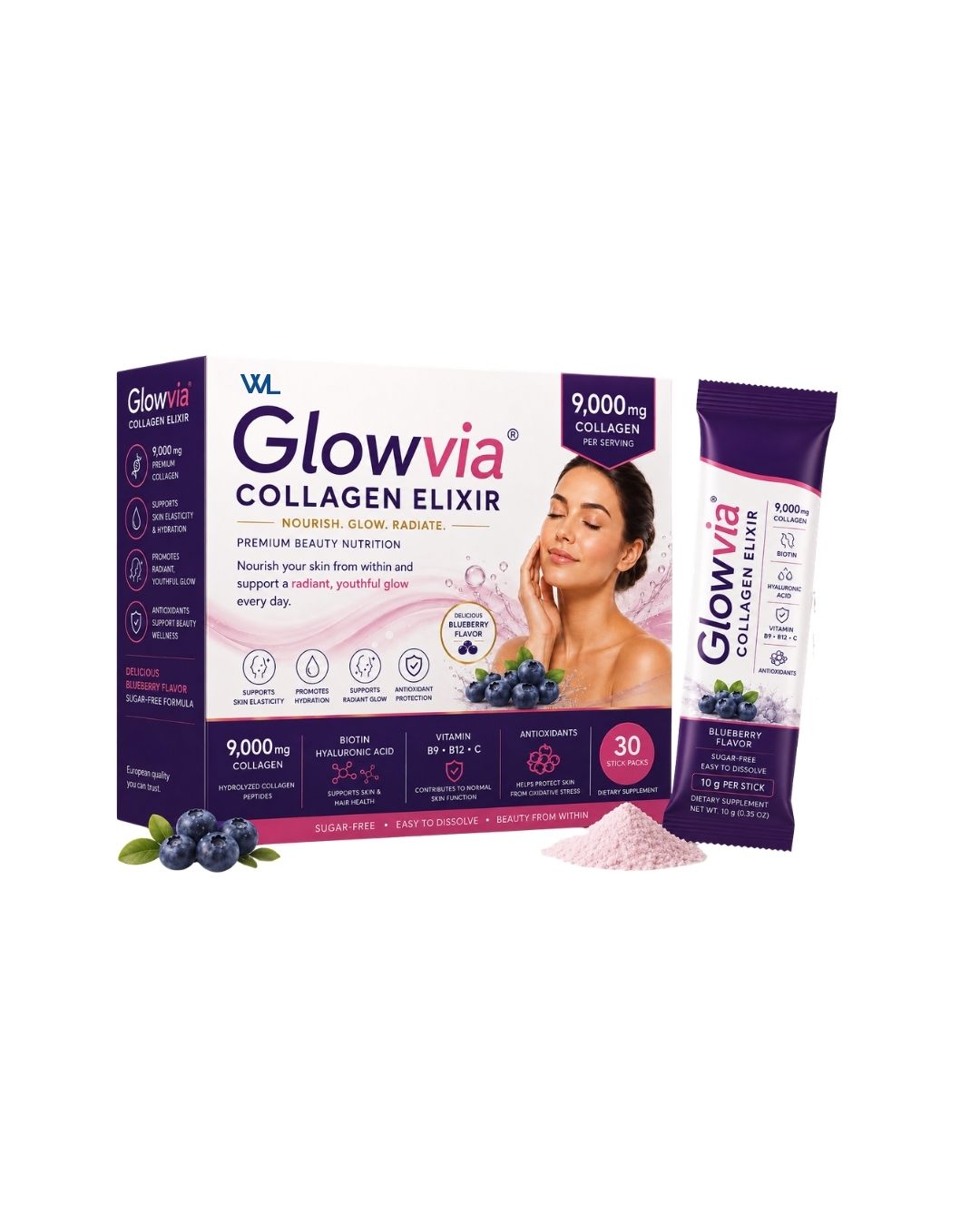 Glowvia Collagen Elixir box and blueberry-flavored stick pack with 9,000 mg collagen, biotin, hyaluronic acid and vitamins