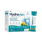 Hydravia+ Premium Hydration Formula box and individual lemon-lime stick pack with electrolytes, vitamins, minerals and hyaluronic acid