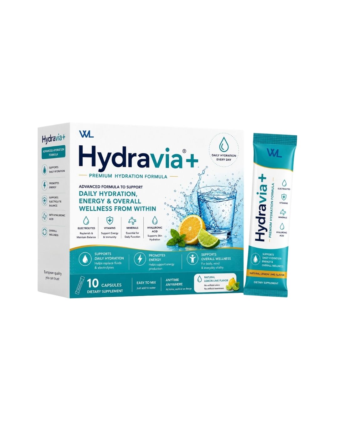 Hydravia+ Premium Hydration Formula box and individual lemon-lime stick pack with electrolytes, vitamins, minerals and hyaluronic acid