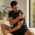 Athletic man sitting indoors and holding his shoulder in discomfort, representing joint and muscle care.