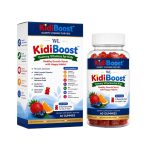 KidiBoost Gummy Vitamins for Kids box and bottle containing 60 red fruit-flavored gummies with essential vitamins and minerals