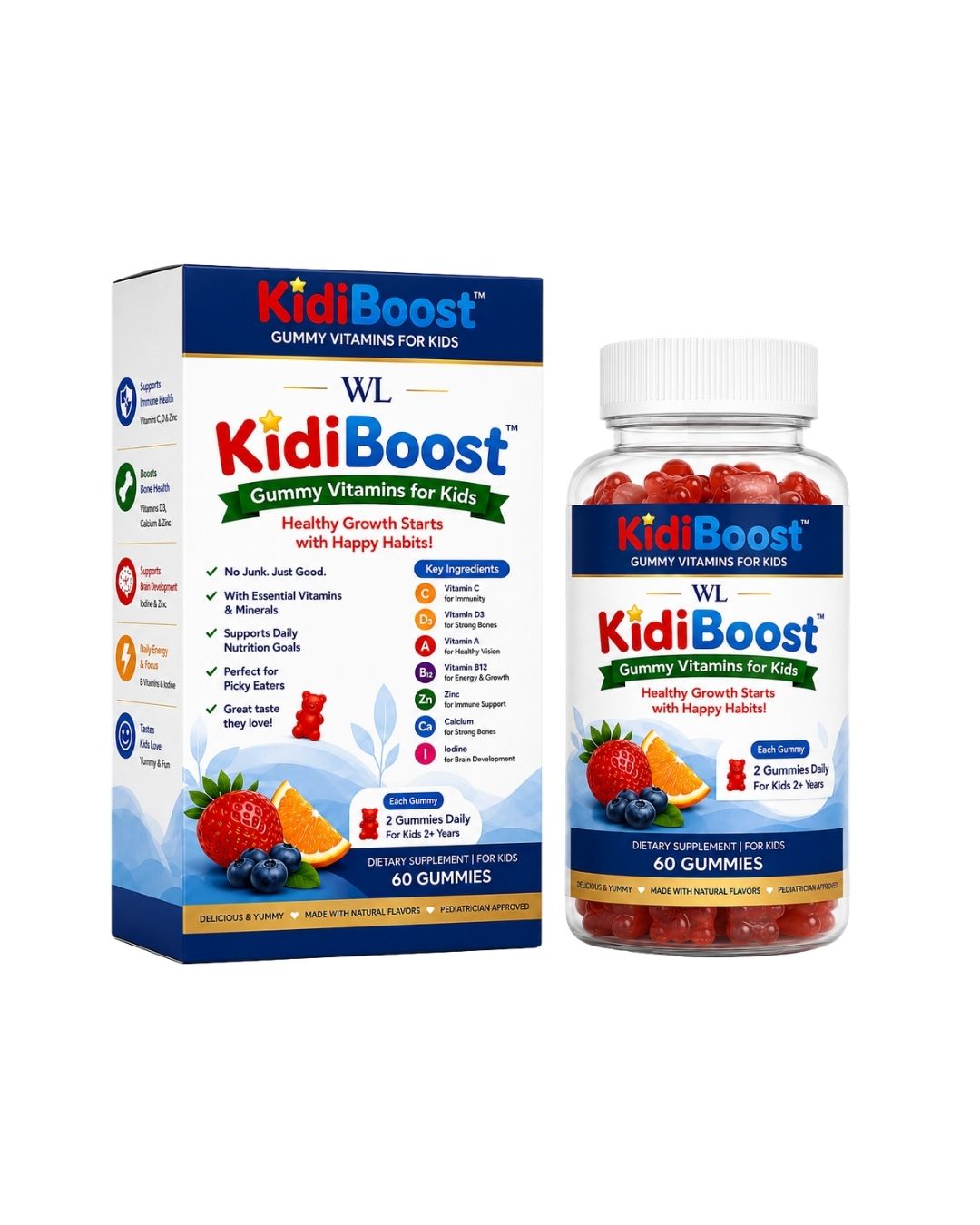 KidiBoost Gummy Vitamins for Kids box and bottle containing 60 red fruit-flavored gummies with essential vitamins and minerals