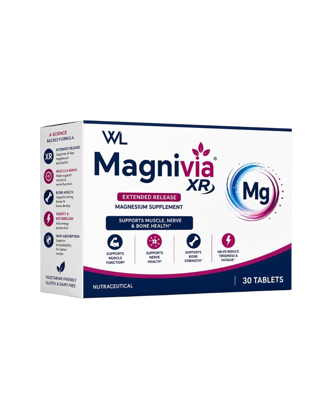 Magnivia XR Extended Release Magnesium supplement box containing 30 tablets for muscle, nerve and bone health support