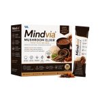 Mindvia Mushroom Elixir box and chocolate-caramel stick pack with lion’s mane, turkey tail, ashwagandha and cocoa.