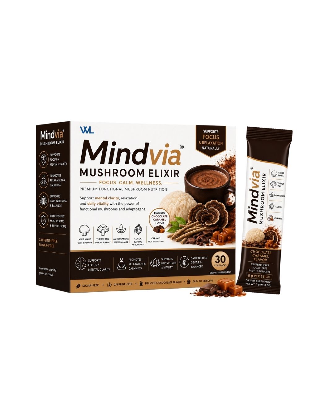 Mindvia Mushroom Elixir box and chocolate-caramel stick pack with lion’s mane, turkey tail, ashwagandha and cocoa.