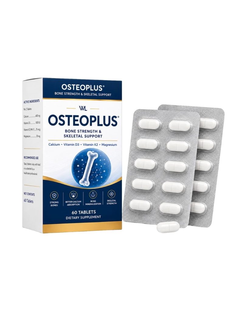 teoPlus Bone Strength and Skeletal Support box with blister packs containing 60 calcium, vitamin D3, vitamin K2 and magnesium tablets