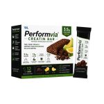 Performvia Creatine Bar box with 12 bars, an individual wrapped bar, chocolate pieces, lemon, and melon