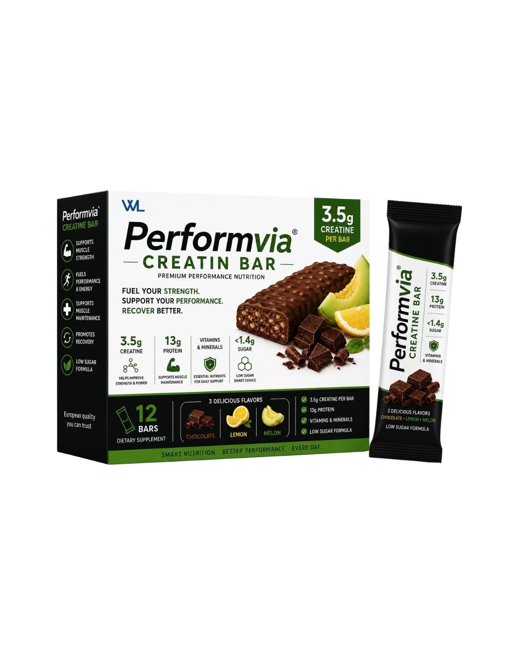 Performvia Creatine Bar box with 12 bars, an individual wrapped bar, chocolate pieces, lemon, and melon