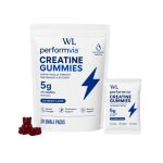 Performvia Creatine Gummies wildberry-flavored pouch with 30 packs, an individual sachet, and red gummy bears