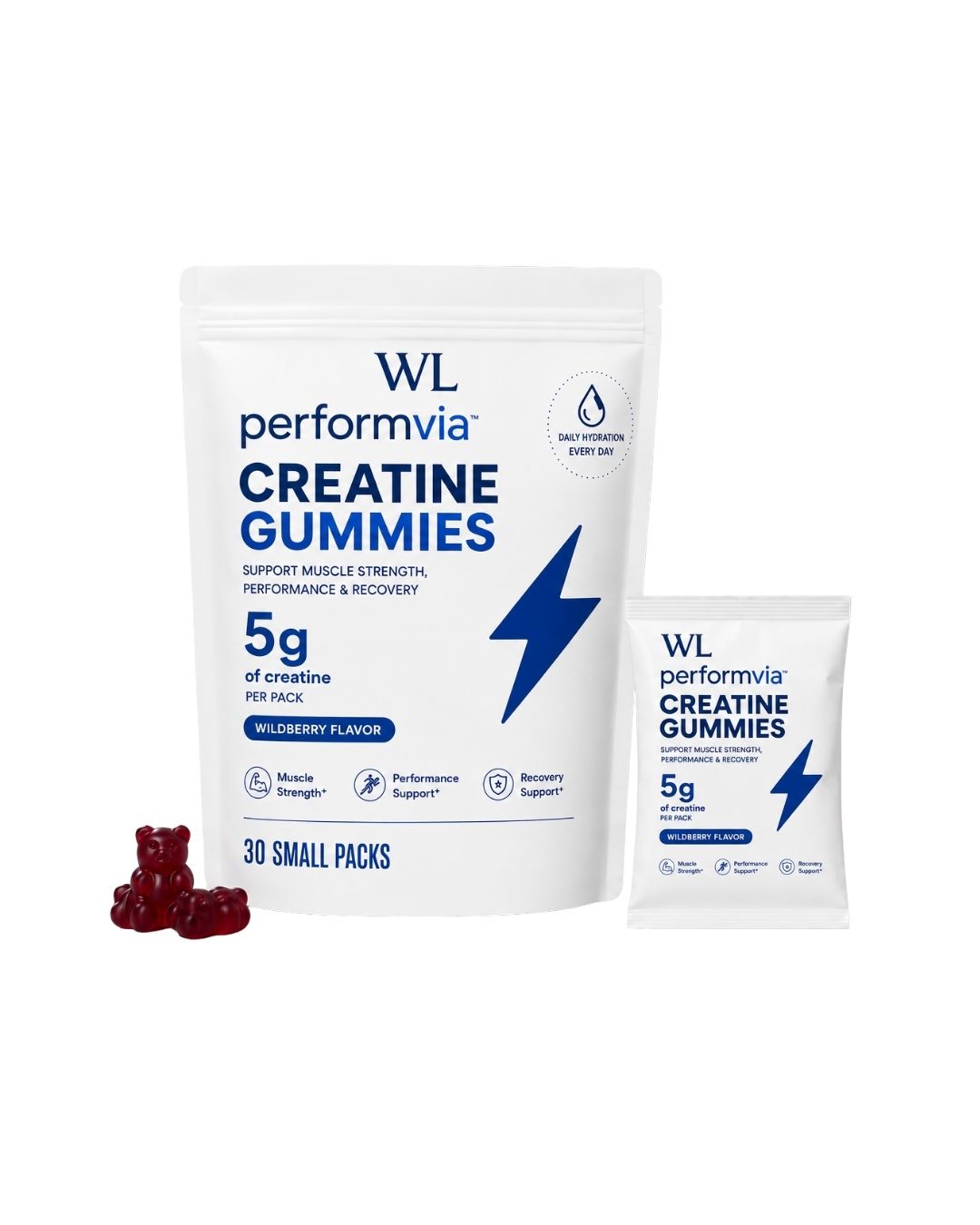 Performvia Creatine Gummies wildberry-flavored pouch with 30 packs, an individual sachet, and red gummy bears