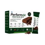 Performvia Protein Bar chocolate-flavored box with 10 bars, an individual wrapped bar, and chocolate pieces