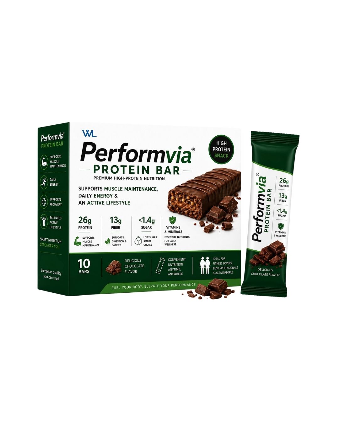 Performvia Protein Bar chocolate-flavored box with 10 bars, an individual wrapped bar, and chocolate pieces