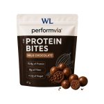 Performvia Protein Bites milk chocolate pouch with chocolate-coated bites, providing 15.8 g protein and 8 g fiber