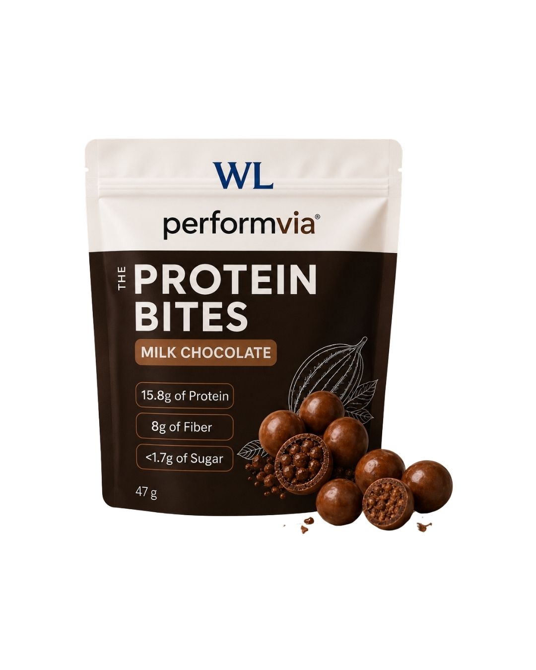 Performvia Protein Bites milk chocolate pouch with chocolate-coated bites, providing 15.8 g protein and 8 g fiber