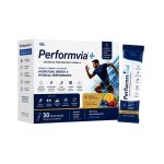 Performvia+ advanced performance formula box with a single stick pack, designed to support hydration, energy, endurance, and recovery
