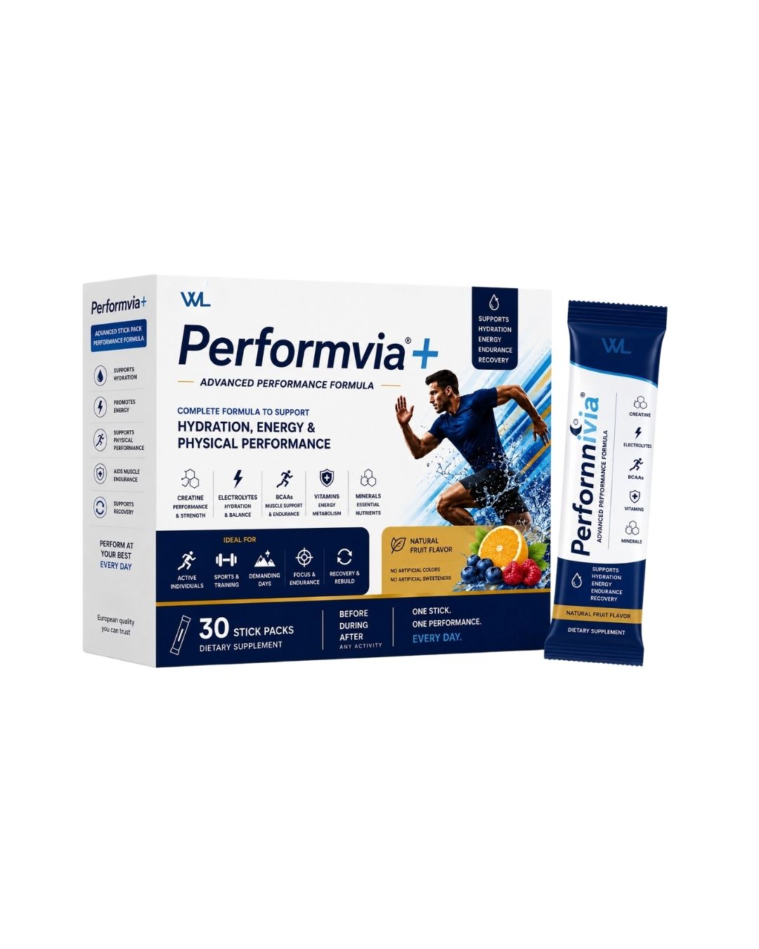 Performvia+ advanced performance formula box with a single stick pack, designed to support hydration, energy, endurance, and recovery