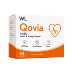 Qovia CoQ10 Heart and Energy Support box containing 30 softgels for heart health, energy production and antioxidant support