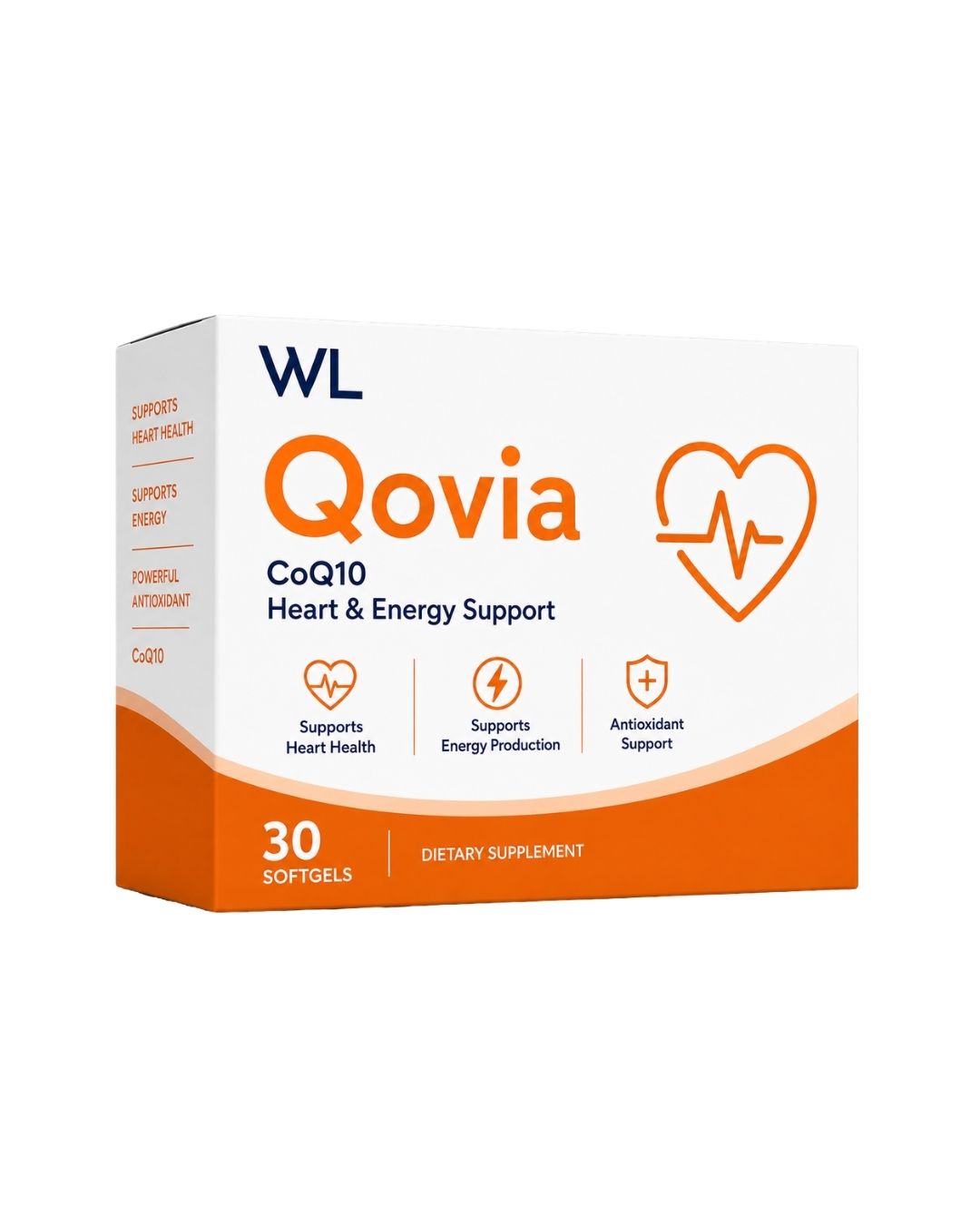 Qovia CoQ10 Heart and Energy Support box containing 30 softgels for heart health, energy production and antioxidant support