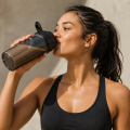Athletic woman drinking a protein shake from a shaker bottle after a workout