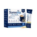 Somnivia Elixir box and chamomile-flavored stick pack with melatonin, magnesium, valerian root, chamomile and vitamin B6.