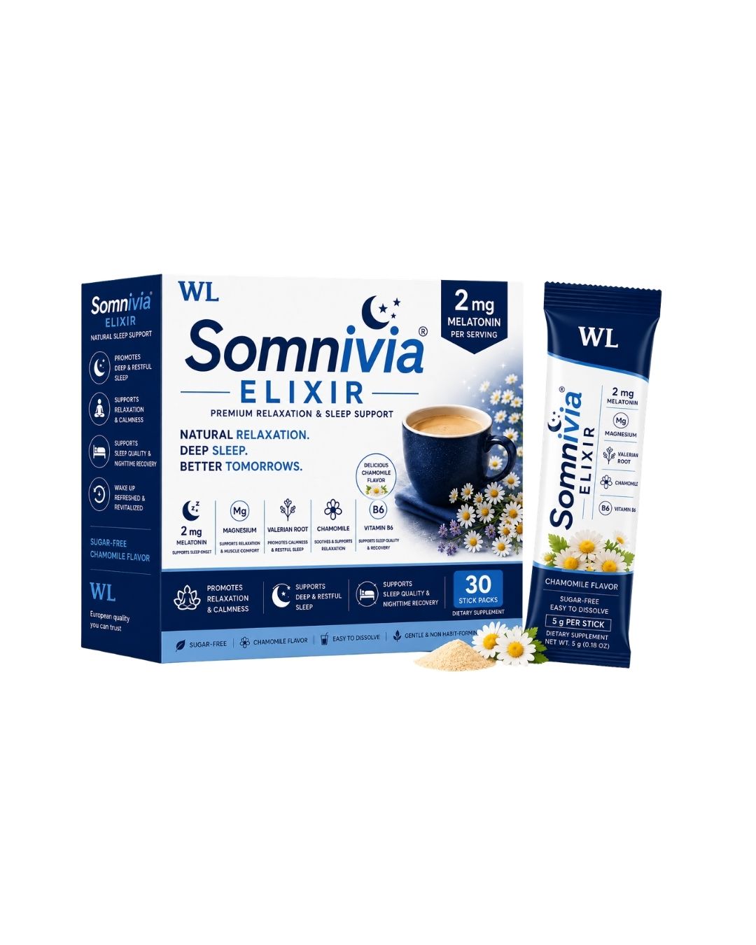 Somnivia Elixir box and chamomile-flavored stick pack with melatonin, magnesium, valerian root, chamomile and vitamin B6.