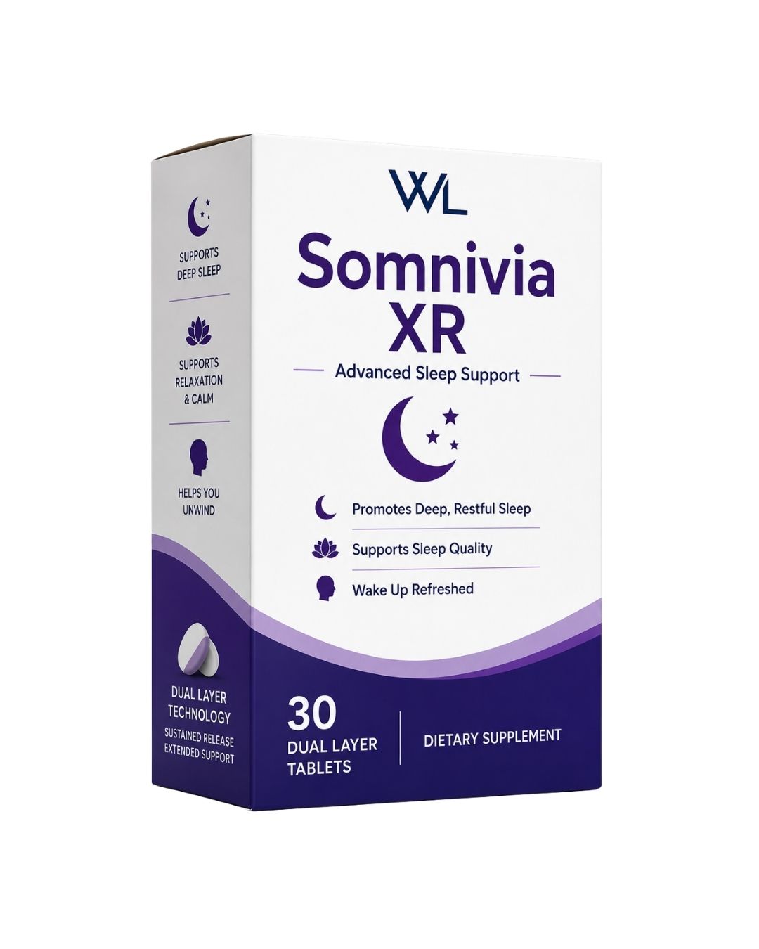 Somnivia XR Advanced Sleep Support box containing 30 dual-layer extended-release tablets for restful sleep and relaxation
