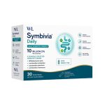 Symbivia Daily synbiotic formula box containing 30 stick packs with 10 billion CFU, four probiotic strains, inulin and FOS