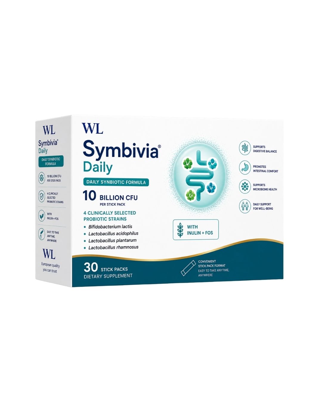 Symbivia Daily synbiotic formula box containing 30 stick packs with 10 billion CFU, four probiotic strains, inulin and FOS