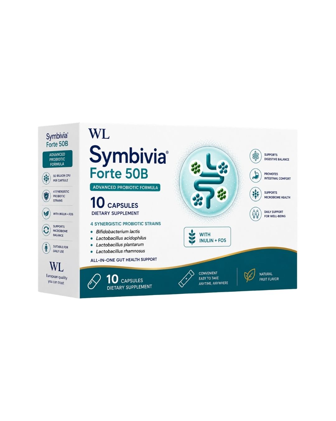 Symbivia Forte 50B advanced probiotic box containing 10 capsules with 50 billion CFU, four probiotic strains, inulin and FOS.