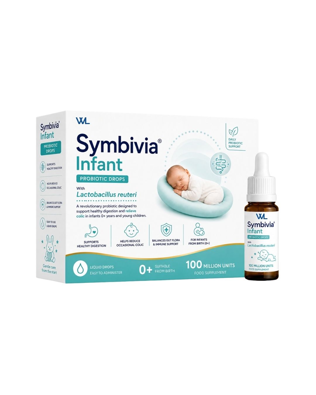 Symbivia Infant Probiotic Drops box and dropper bottle with Lactobacillus reuteri and 100 million units for infants from birth