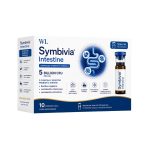 Symbivia Intestine advanced synbiotic formula box with 10 drinking vials, 5 billion CFU, prebiotics and blueberry extract.