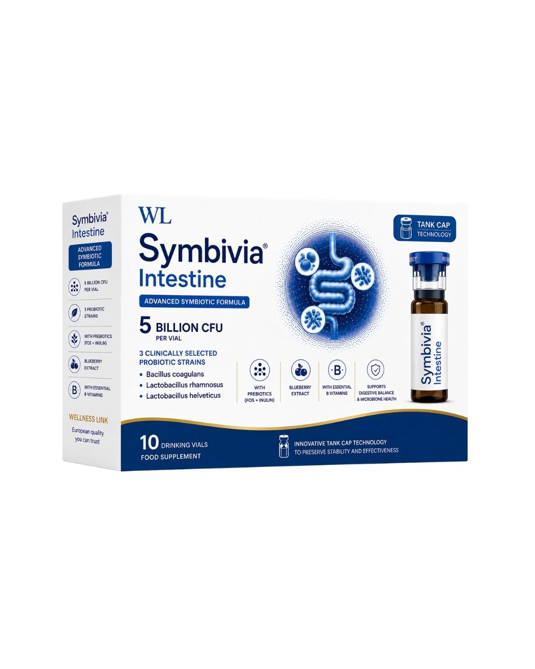 Symbivia Intestine advanced synbiotic formula box with 10 drinking vials, 5 billion CFU, prebiotics and blueberry extract.