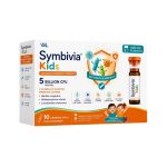 Symbivia Kids Advanced Probiotic Formula box with 10 berry-flavored drinking vials containing 5 billion CFU and prebiotics