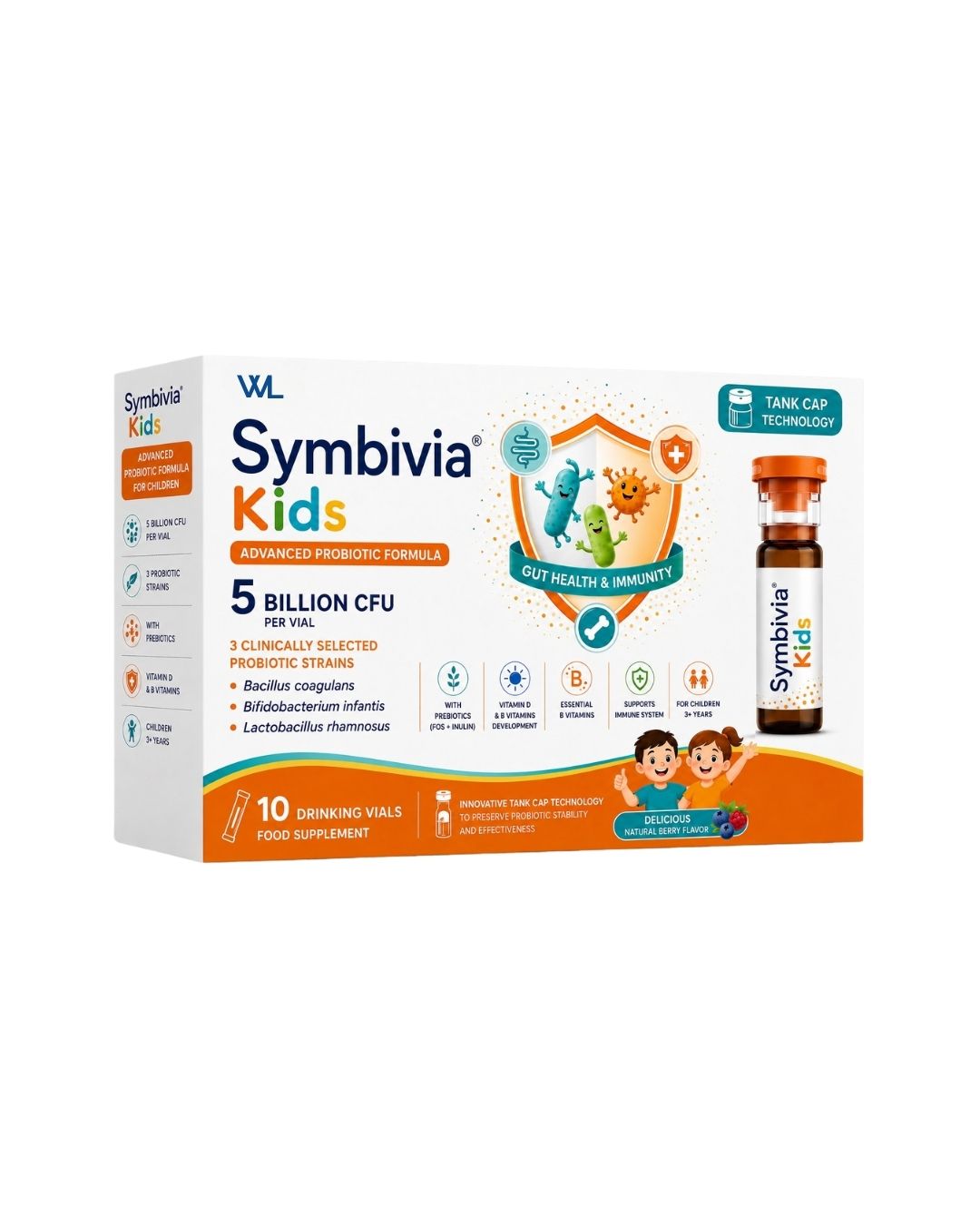 Symbivia Kids Advanced Probiotic Formula box with 10 berry-flavored drinking vials containing 5 billion CFU and prebiotics