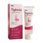 Tightvia Intimate Firming Gel box and 30 mL tube in white and pink packaging