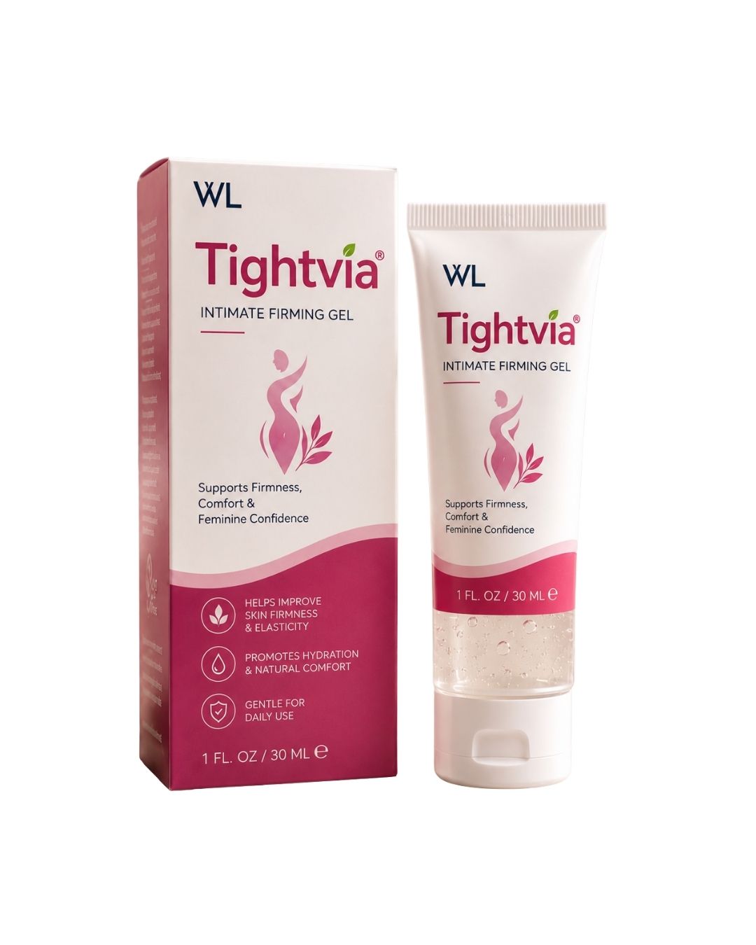 Tightvia Intimate Firming Gel box and 30 mL tube in white and pink packaging