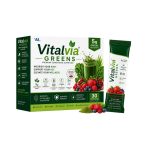Vitalvia Greens box and red fruit stick pack with superfood greens, probiotics, fiber, vitamin C and zinc