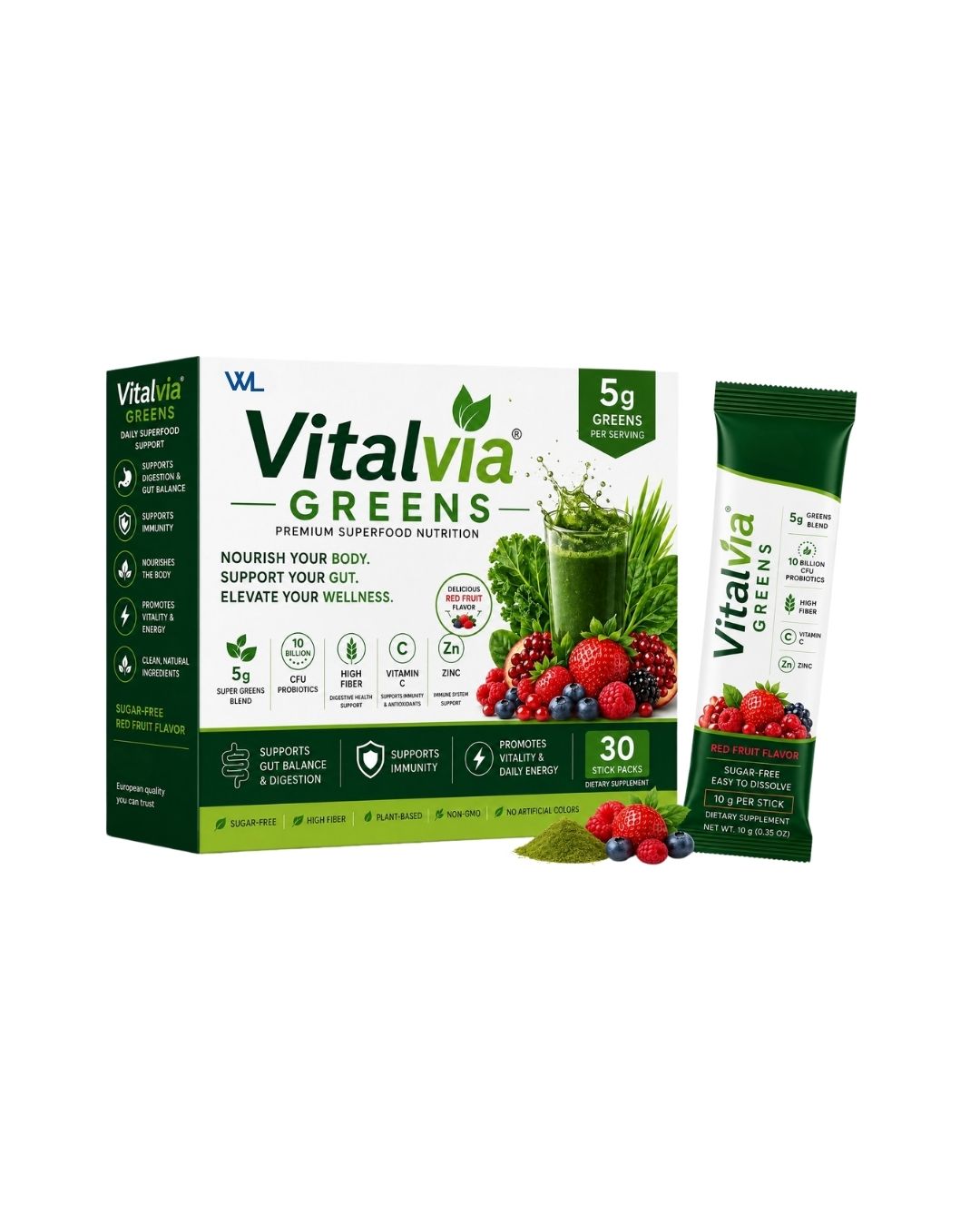 Vitalvia Greens box and red fruit stick pack with superfood greens, probiotics, fiber, vitamin C and zinc