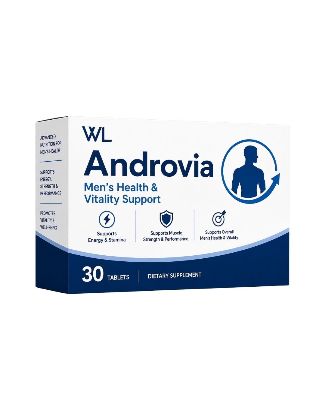Androvia Men’s Health and Vitality Support box containing 30 dietary supplement tablets