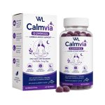 Calmvia Stress and Mood Support box and bottle containing 60 purple blueberry-flavored gummies