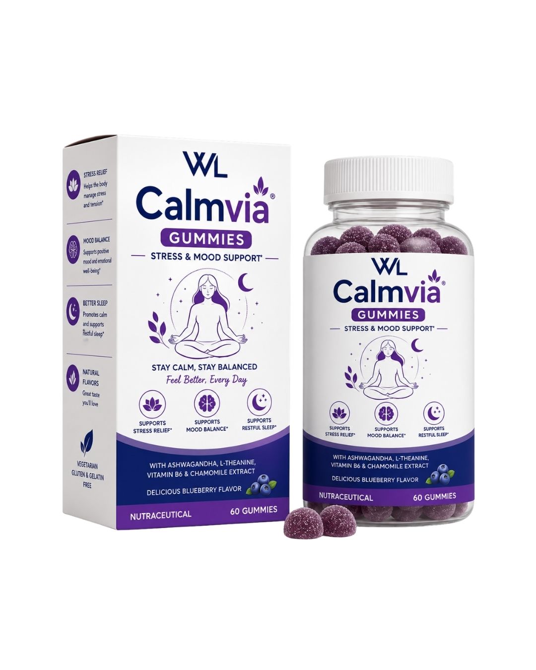 Calmvia Stress and Mood Support box and bottle containing 60 purple blueberry-flavored gummies