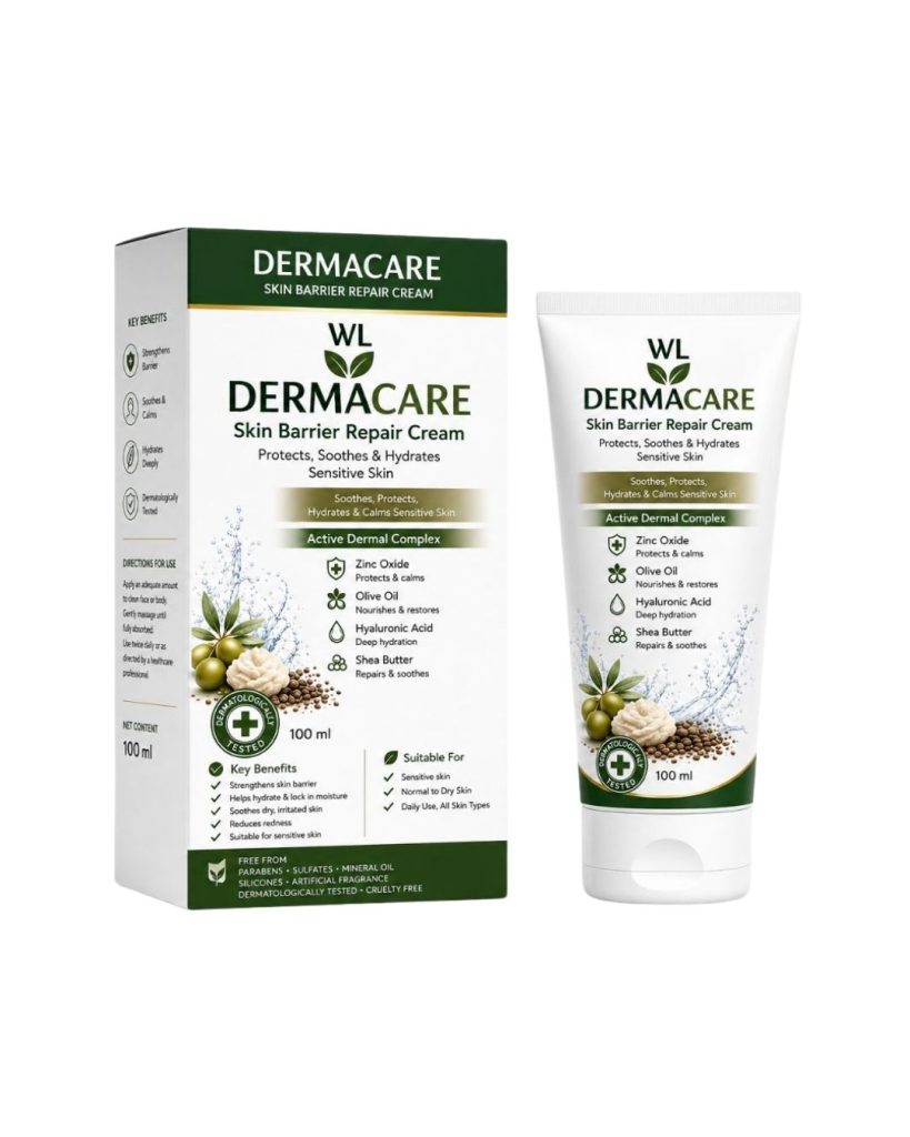Dermacare Skin Barrier Repair Cream box and 100 mL tube for soothing, hydrating and protecting sensitive skin