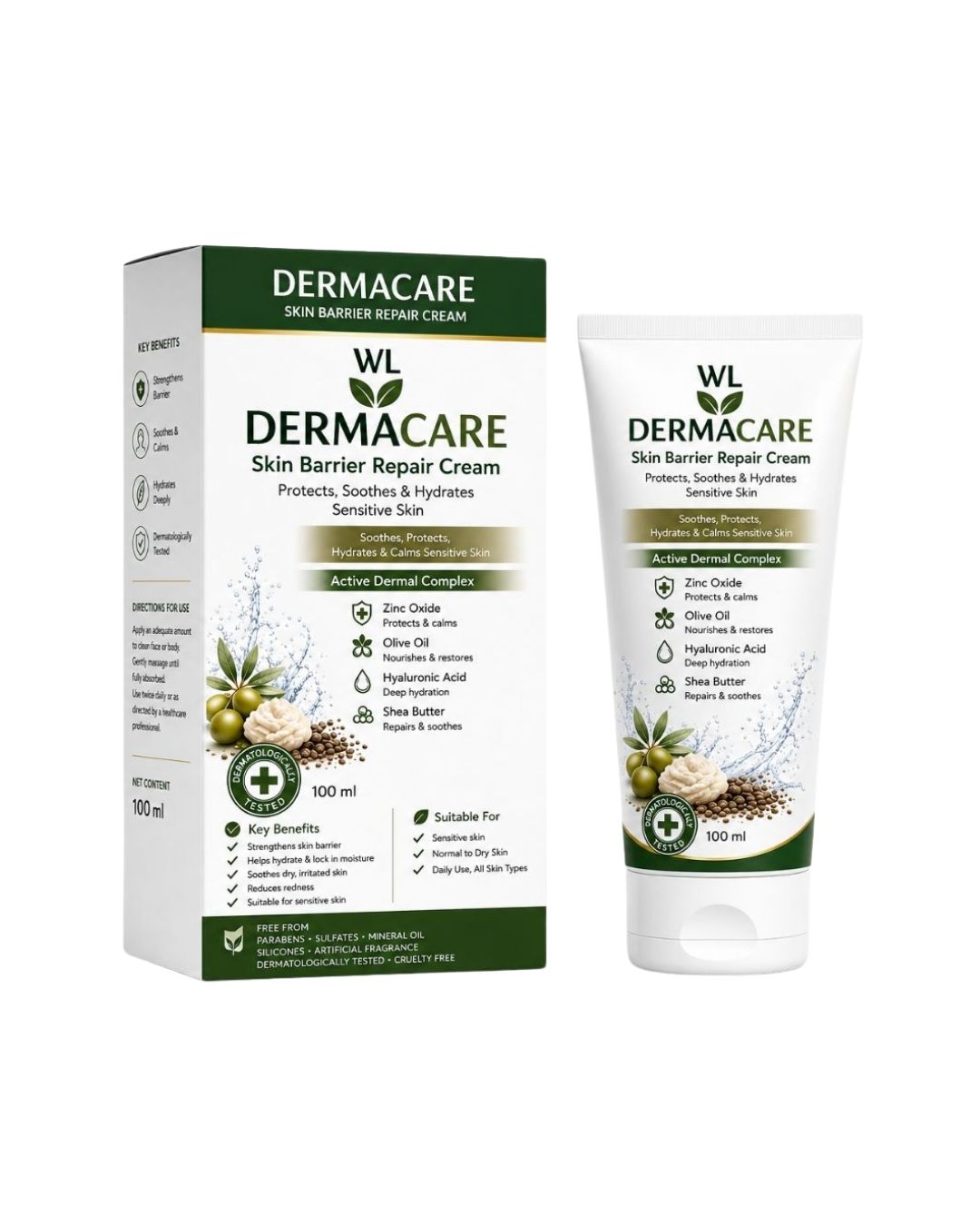 Dermacare Skin Barrier Repair Cream box and 100 mL tube for soothing, hydrating and protecting sensitive skin